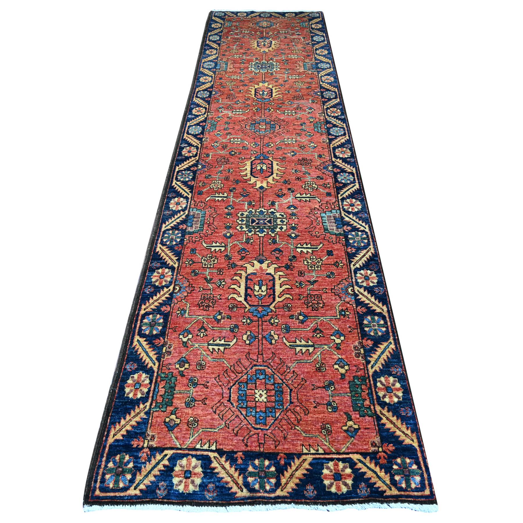 3'2"x13'6" Coral Red, Antiqued Heriz Design, Vegetable Dyes, High Mountain Wool, Aryana Grade, Hand Knotted, Soft Pile, Densely Woven, Wide Runner, Oriental Rug 